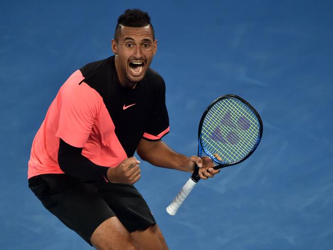 Nick Kyrgios celebrates after victory. Picture: AFP/Peter Parks