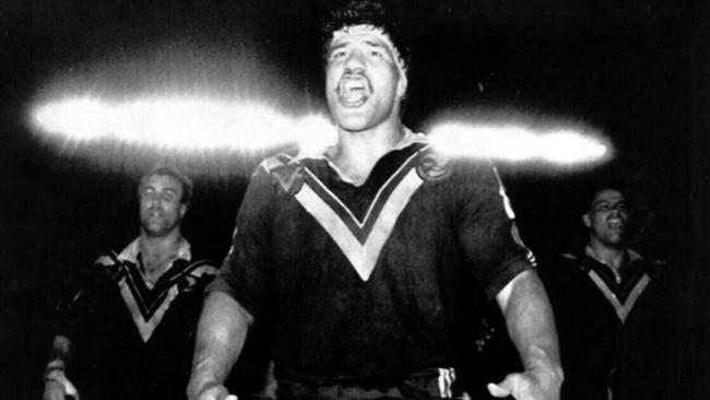 Sam Stewart does the Haka with teammates after beating Australia in a Test match at Brisbane’s Lang Park in 1987.