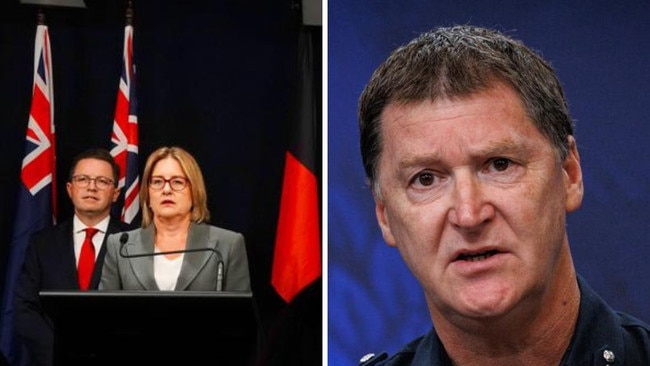 Victorian Premier Jacinta Allan, centre, and Police Minister Anthony Carbines, left, with former police commissioner Shane Patton. Pictures: NewsWire