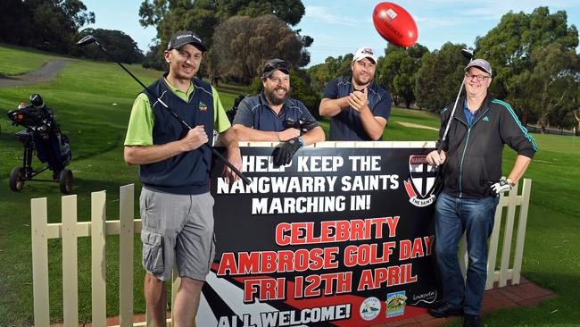 James Parker, Nick Childs, Tyson Ploenges and Ray Patching will take part in the celebrity golf day at Blue Lake Golf Club to raise funds for the Nangwarry Football Club. Picture: Tom Huntley