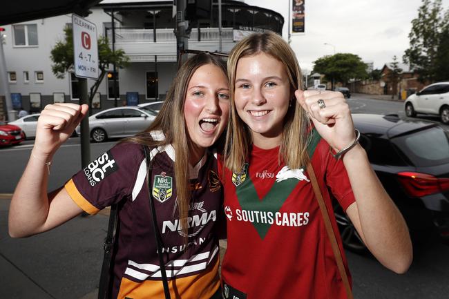 Evvy Taylor and Grace Sutton pictured at the Broncos v Rabbitohs, round 1, on Caxton Street, Brisbane 11th of March 2022. This is the first game for the BroncosÃ&#149; season.