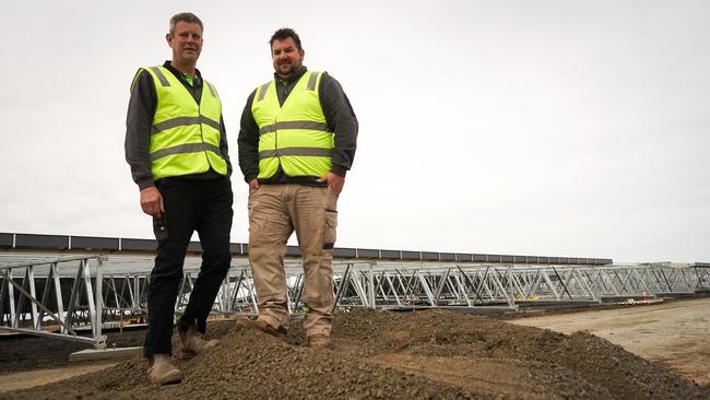 Warracknabeal growers Paul Johns and Scott Somers at the new QA Hay facility. Picture: Rachel Simmonds