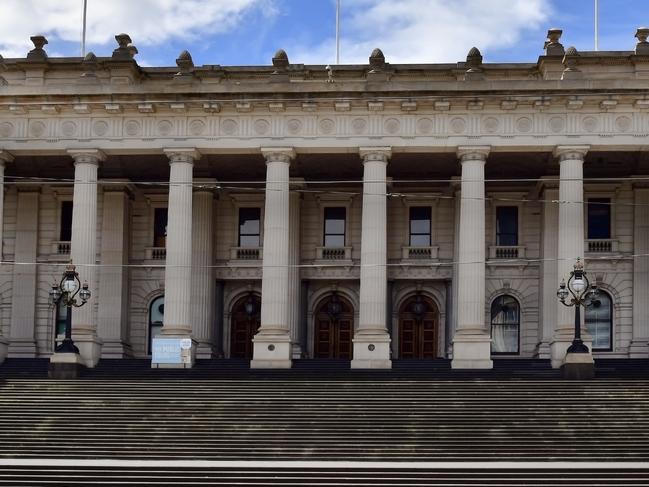 Melbourne, VIC, Australia - November 05, 2017: Collonaded Victorian Parliament House of Victoria located in East Melbourne