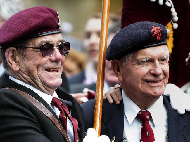 Anzac Day Parade Mates catch up .. Veterans left,John Bramm,Gordon Mason and 14 year old grand daughter Danni Mason