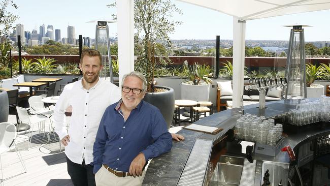 Brothers Wayne and Marc Bayfield at the Light Brigade Hotel rooftop bar in Woollahra, after it’s renovation. Picture: John Appleyard