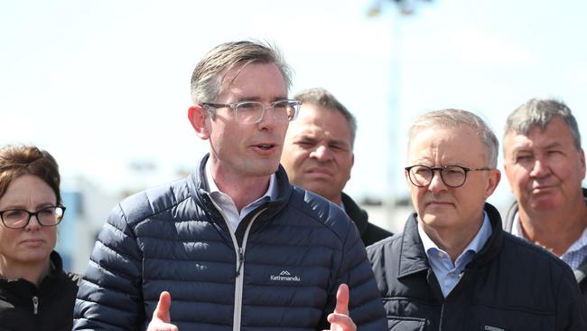 NSW Premier Dominic Perrottet and Prime Minister Anthony Albanese in Eugowra. Picture: NCA NewsWire/ Steve Gosch