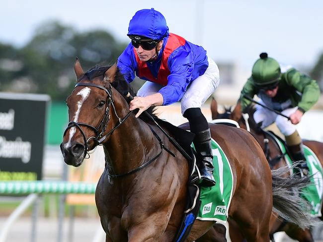 Zaaki, ridden by James McDonald, wins the Hollindale Stakes at Gold Coast, May 8 2021. Picture: Grant Peters/Trackside Photography