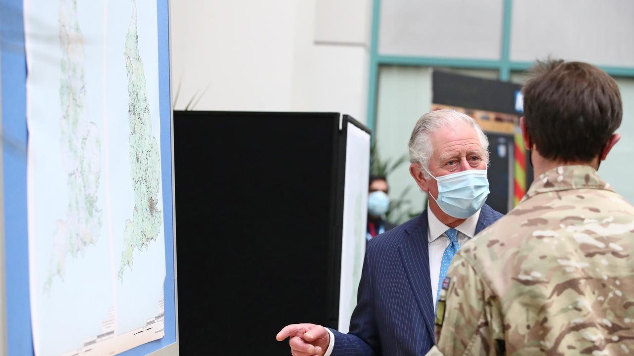 Prince Charles, Prince of Wales views a map of the UK vaccine rollout during a visit to Skipton House. Picture: Aaron Chown-WPA Pool/Getty Images