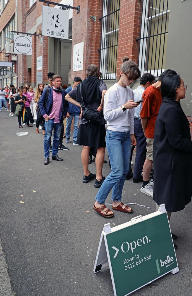 Dozens of hopeful Sydneysiders are pictured lined up outside a rental inspection in Surry Hills. Picture: NCA NewsWire/Nicholas Eagar