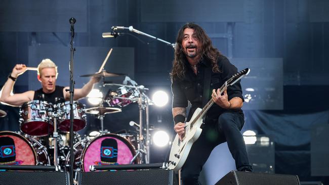 Josh Freese (L) and Dave Grohl of The Foo Fighters perform on stage at London Stadium on June 20, 2024 in London, England.