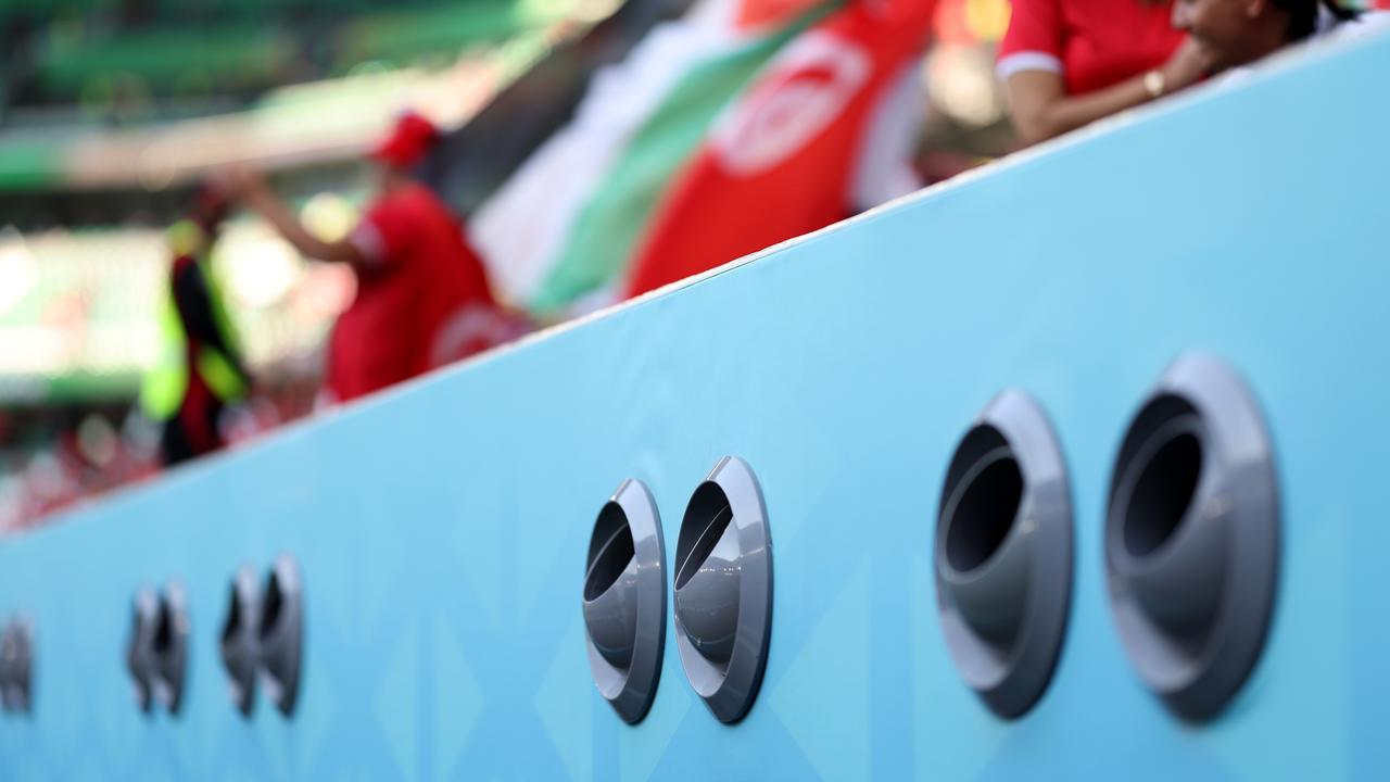 Air conditioning pipes are seen during the FIFA World Cup Qatar 2022 Group D match between Denmark and Tunisia at Education City Stadium on November 22, 2022 in Al Rayyan, Qatar. (Photo by Lars Baron/Getty Images)