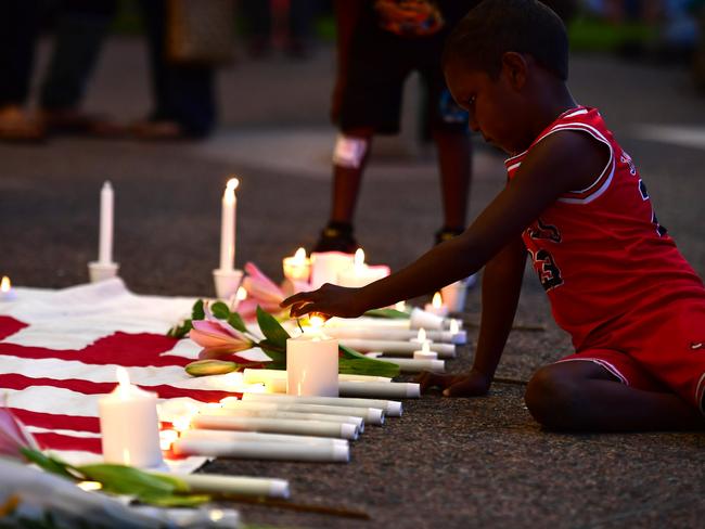 Hundreds of Top End residents gathered outside the NT Parliament on Wednesday for a vigil for Kumanjayi White, a 24-year-old Warlpiri man with a disability who died after being restrained by police in the Alice Springs Coles. Picture: Zizi Averill