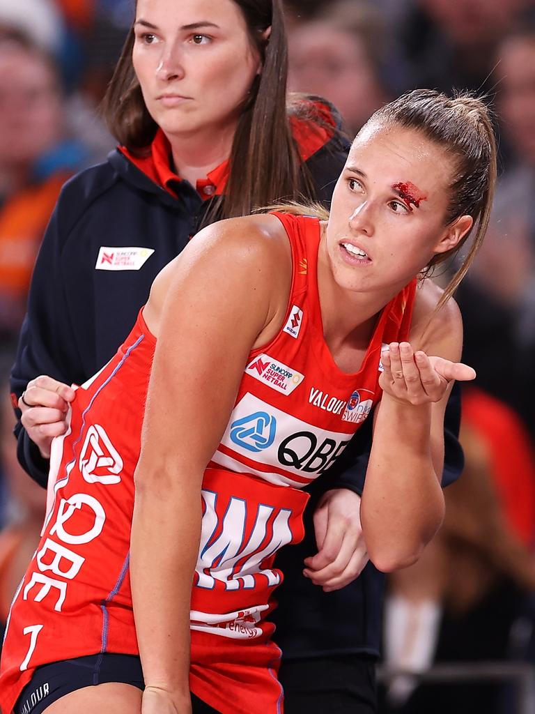 Paige Hadley was dripping blood after the head clash. (Photo by Mark Kolbe/Getty Images)