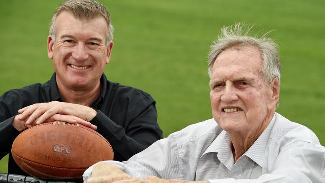 Ten News sports journalist Stephen Quartermain and Croydon's Roger O'Brien, 84, who was honoured with the Local Sports Stars 2018 National Winner Service To Sport award. Mr O’ Brien has been involved with Croydon Football Club for 70 years.