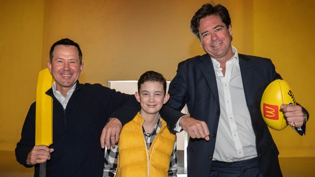 Brain cancer survivor Hayden Clements, 11, met Ricky Ponting and Gillon McLachlan to launch the Children’s Cancer Foundation’s Light Up Australia campaign. Picture: Tony Gough