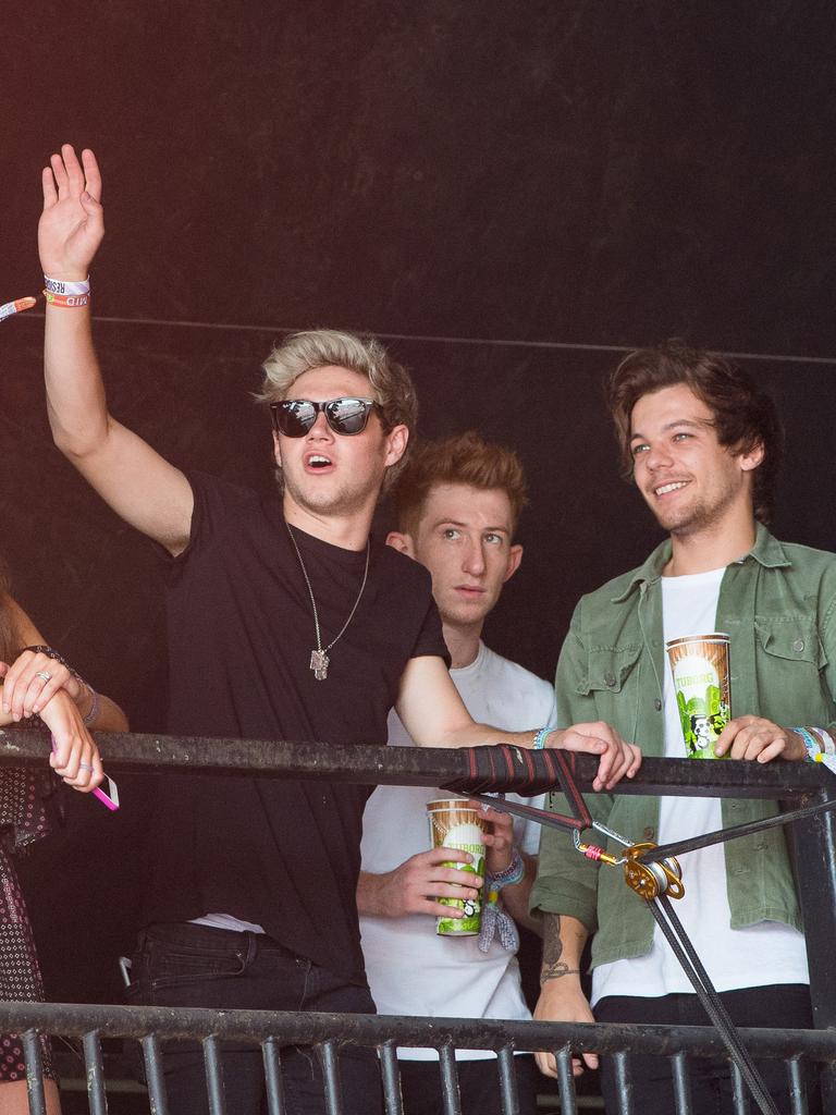 Niall Horan and Louis Tomlinson of One Direction watch James Bay perform at the 2015 Glastonbury Festival. Picture: Getty