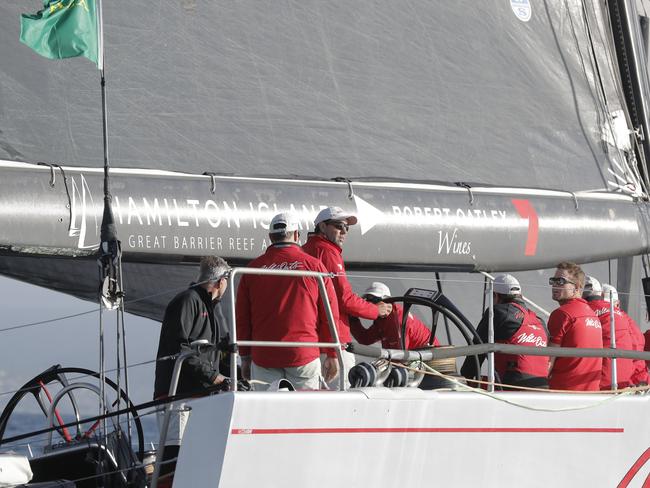 Wild Oats XI skippered by Mark Richards sails up the River Derwent on her way to a 9th line honours victory in the 2018 Sydney to Hobart Yacht Race. The yacht crossed the line in 1d 19hrs 7mins 21secs . Picture: RICHARD JUPE