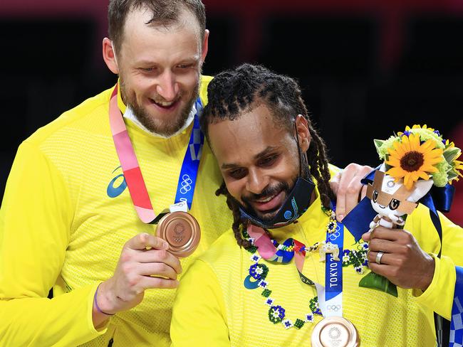 Joe Ingles and Patty Mills with their bronze medals. Picture: Adam Head