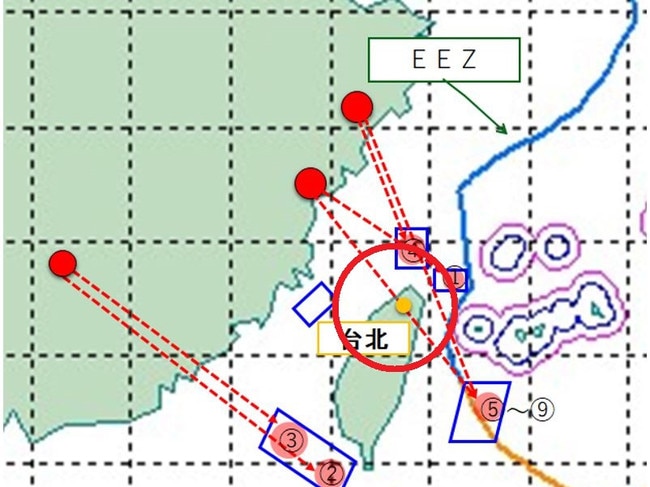 Map from Japan's defence force show the routes of alleged China missiles over Taiwan into Japan's exclusive economic zone.