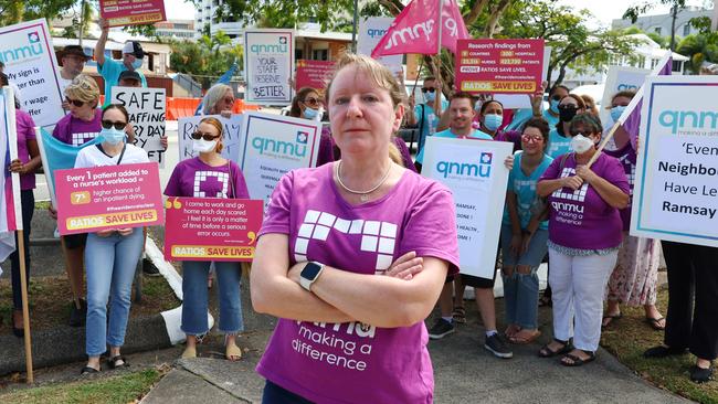 Queensland Nurses and Midwives Union representative and critical care nurse Maddi Heathfield rallies outside the Cairns Private Hospital with other nurses, claiming Ramsay Health Care, owner of Cairns Private Hospital, is underpaying staff and not applying appropriate ratios of nurses to patients. Picture: Brendan Radke