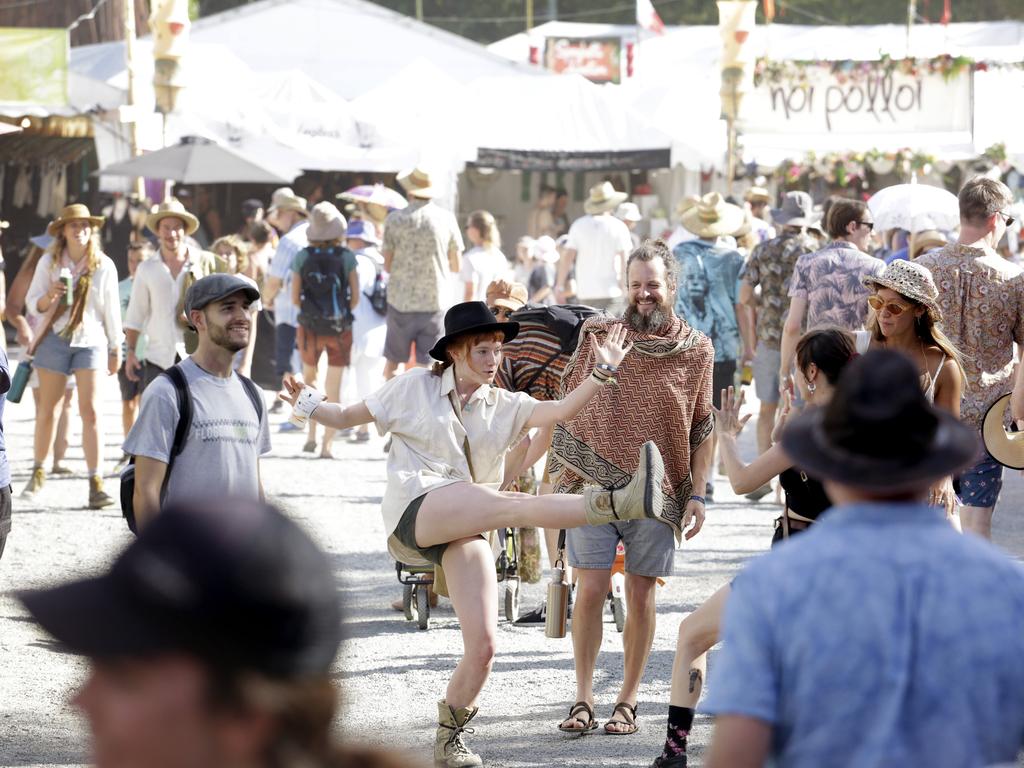 New friends (from left) Gina Limpus, James Barrie, Tanith Roberts and Rina Schulte goofing aroundat the Woodford Folk Festival. Picture: Megan Slade/AAP