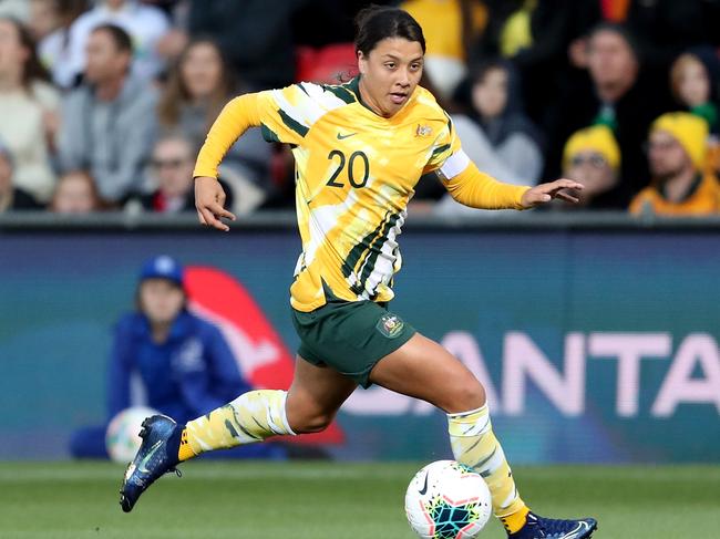 Matildas captain Sam Kerr strides forward. Picture: AAP