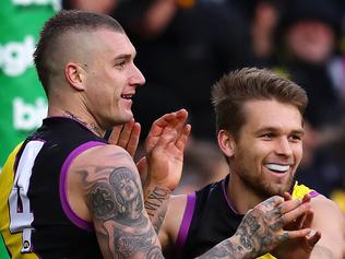 AFL 2017 - Richmond v Hawthorn at the MCG. Richmond's Dustin Martin celebrates with Dan Butler after kicking a 3rd qtr goal  . Pic: Michael Klein