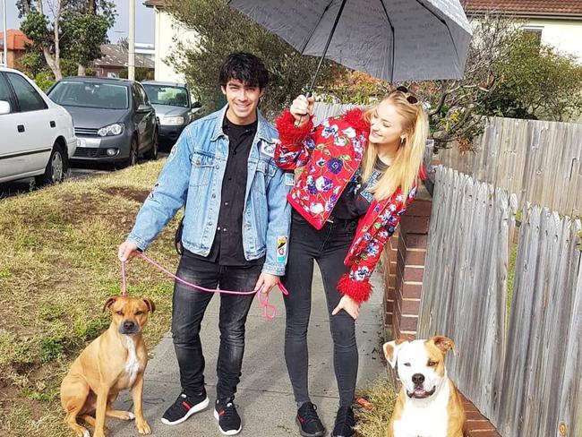 Jonas with his fiancee Sophie Turner in North Bondi. Picture: Instagram/nikkiteo