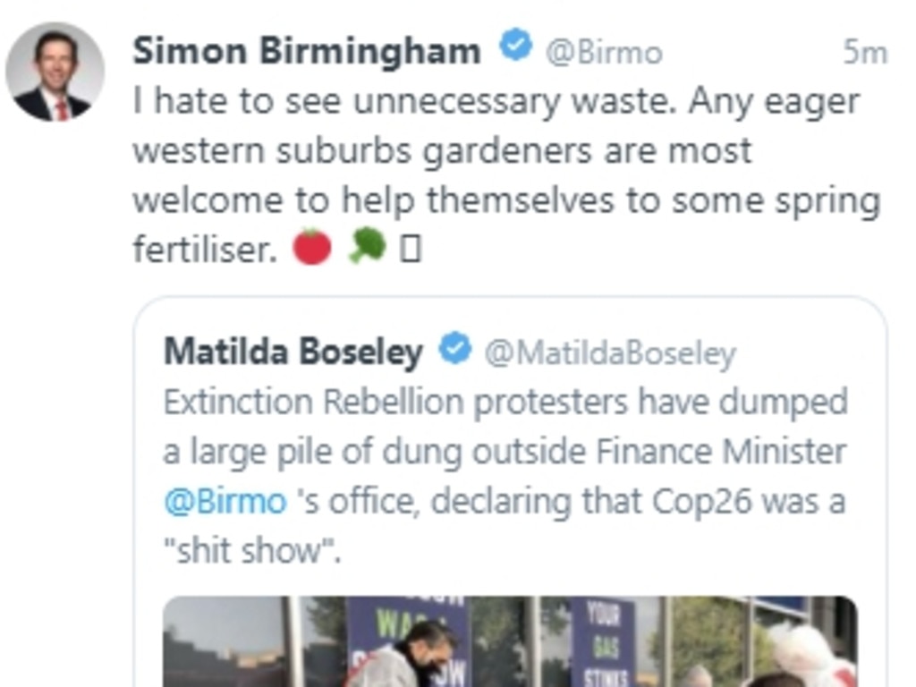 Simon Birmingham tweeted in response to Extinction Rebellion protesters dumping manure outside his office on Friday. Picture: Supplied/ Twitter @birmo/Twitter