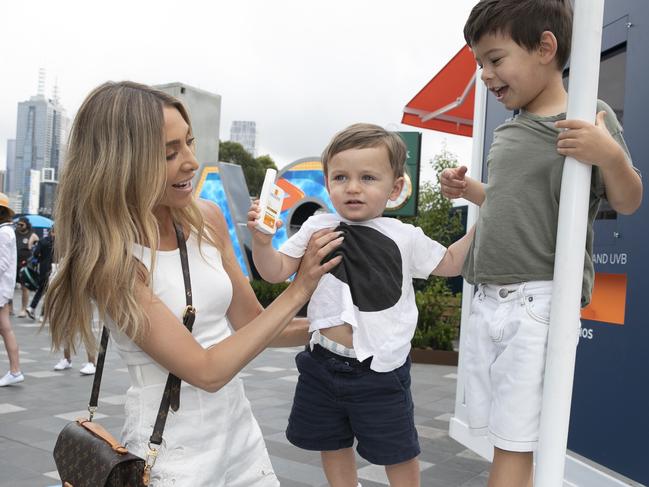 La Roche-Posay ambassador Nadia Bartel with her children Aston and Henley at Australian Open on January 20, 2020 in Melbourne. Picture: Fiona Hamilton/Tennis Australia