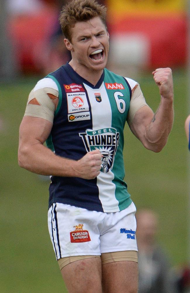WAFL - East Fremantle vs Peel Thunder at East Fremantle Oval, Perth. PICTURED- Peel's Colin Sylvia celebrates a goal in the final term.