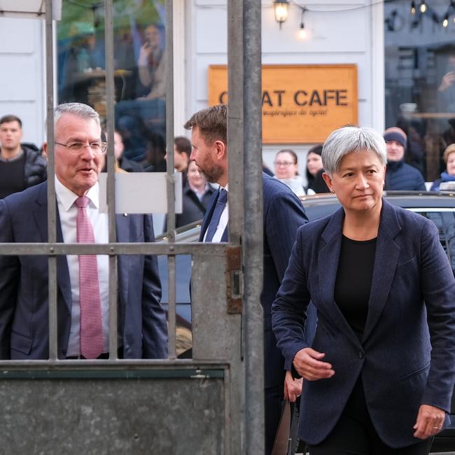 Foreign Minister Penny Wong and Attorney General Mark Dreyfus arrive at the Jewish Community Centre in Krakow on Sunday January 26, 2025. Picture: Jacquelin Magnay