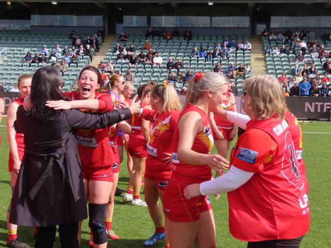 Meander Valley players celebrate winning the grand final. Picture: Jon Tuxworth