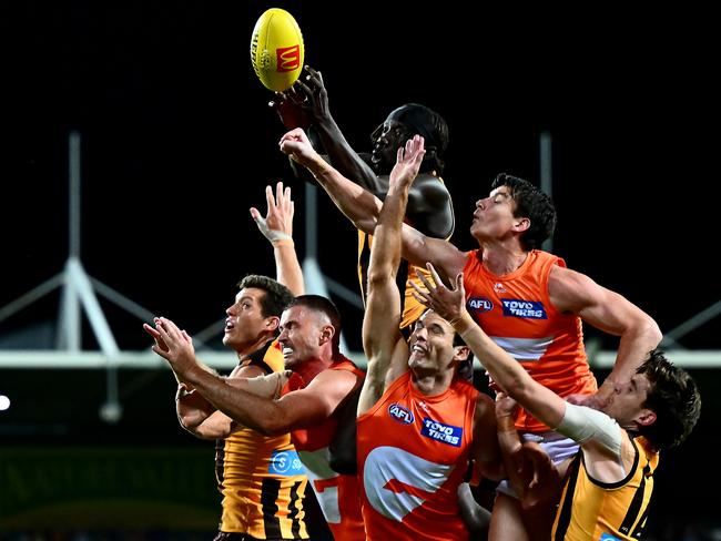 Mabior Chol of the Hawks attempts to mark during their win over the Giants in Launceston earlier this season. (Photo by Steve Bell/Getty Images)