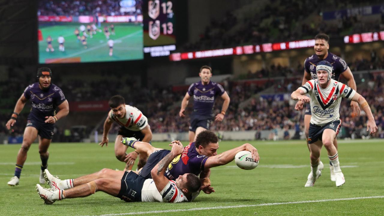 The moment Warbrick got the ball down. Picture: Getty Images