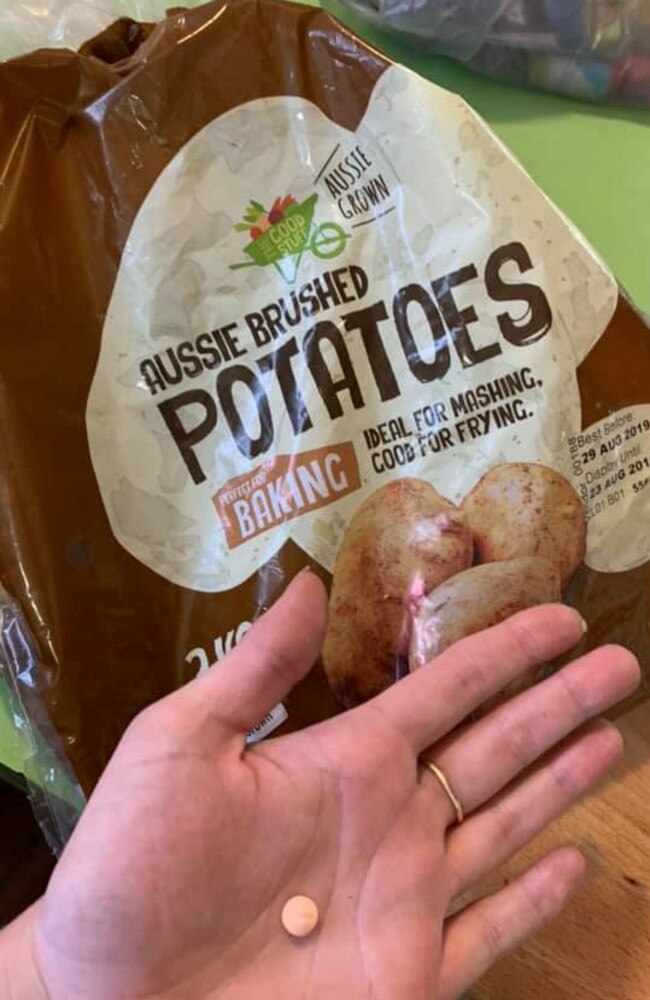 Gold Coast woman Tayla Furby claims she found the medication, believed to be a sleeping pill, in a bag of potatoes bought at Mudgeeraba Aldi. Picture: Facebook