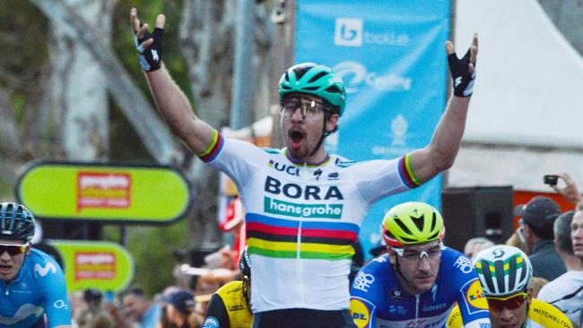 Peter Sagan shows his delight after winning the Santos Tour Down Under People's Choice Classic on Sunday night. Picture: AFP Photo / Brenton Edwards