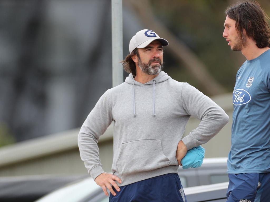 Coach Chris Scott and Jack Henry at Geelong Cats training.