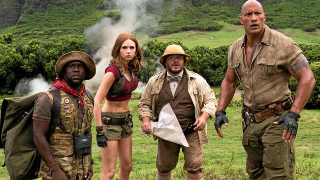 Kevin Hart, Karen Gillan, Jack Black and Dwayne Johnson in a scene from <i>Jumanji: Welcome to the Jungle</i>.