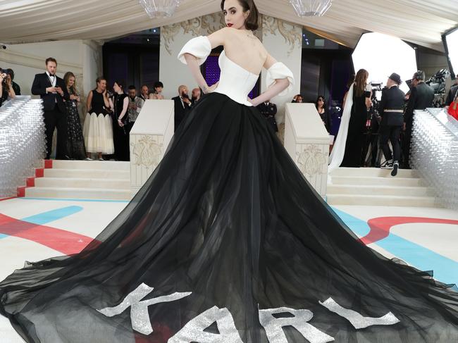 Lily Collins jumped on the Karl train. Picture: Kevin Mazur/MG23/Getty Images for The Met Museum/Vogue.