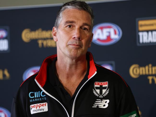 MELBOURNE , AUSTRALIA. October 9 , 2023. AFL Trade Period.  Stephen Silvagni, List Manager os the Saints speaks with media during The 2023 AFL Trade Period at Marvel Stadium on October 09 , 2023 in Melbourne, Australia.   .Picture by Michael Klein