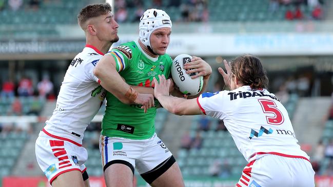 Jarrod Croker (C) gave the game ball to Cody Ramsey (R). Picture: Matt King/Getty