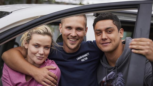 Anna Samson as Mia Anderson, Harley Bonner as Dr Logan Bennett and Kawakawa Fox-Reo as Nikau Parata on Home and Away. Picture: Supplied