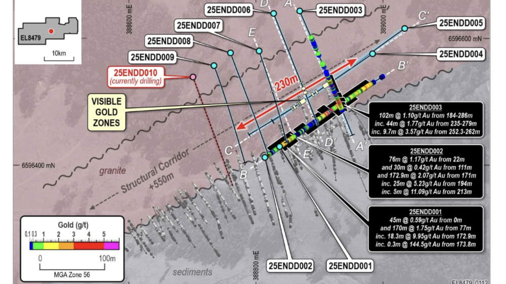 Sunnyside prospect plan showing drill locations, assays and visible gold zones. Pic: Koonenberry Gold