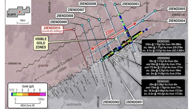 Sunnyside prospect plan showing drill locations, assays and visible gold zones. Pic: Koonenberry Gold