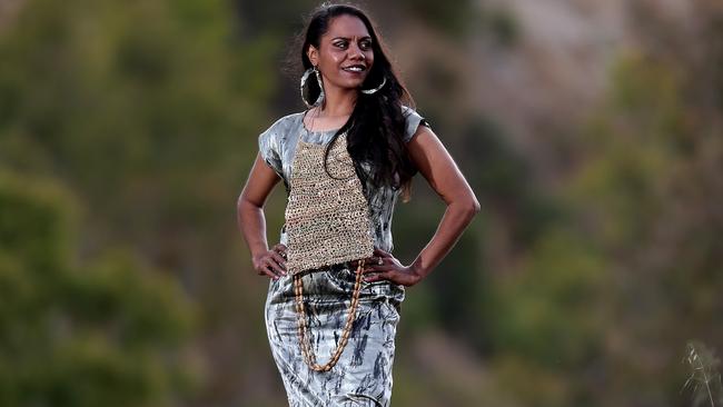 Indigenous actress Natasha Wanganeen, wearing a dress by her cousin, Adelaide designer Chantal Henley, will star in The Secret River for the Adelaide Festival next year. Picture: DEAN MARTIN