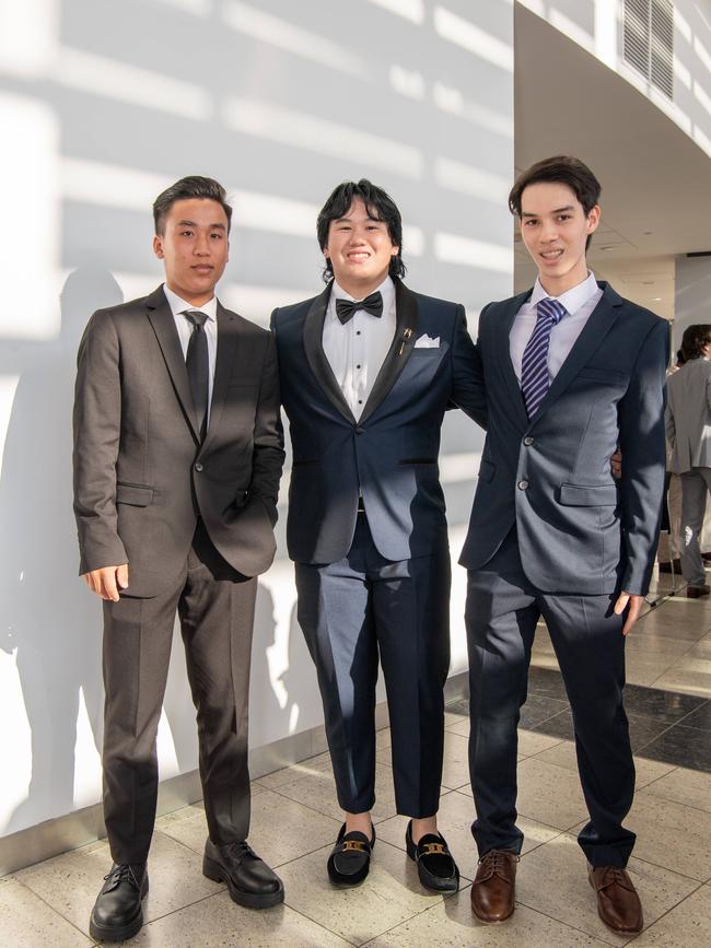 Bao Nam Nguyen, Ashton Foo and Archie Burlinson at the Year 12 School formals of Darwin High School at Darwin Convention Centre, Darwin. Picture: Pema Tamang Pakhrin.