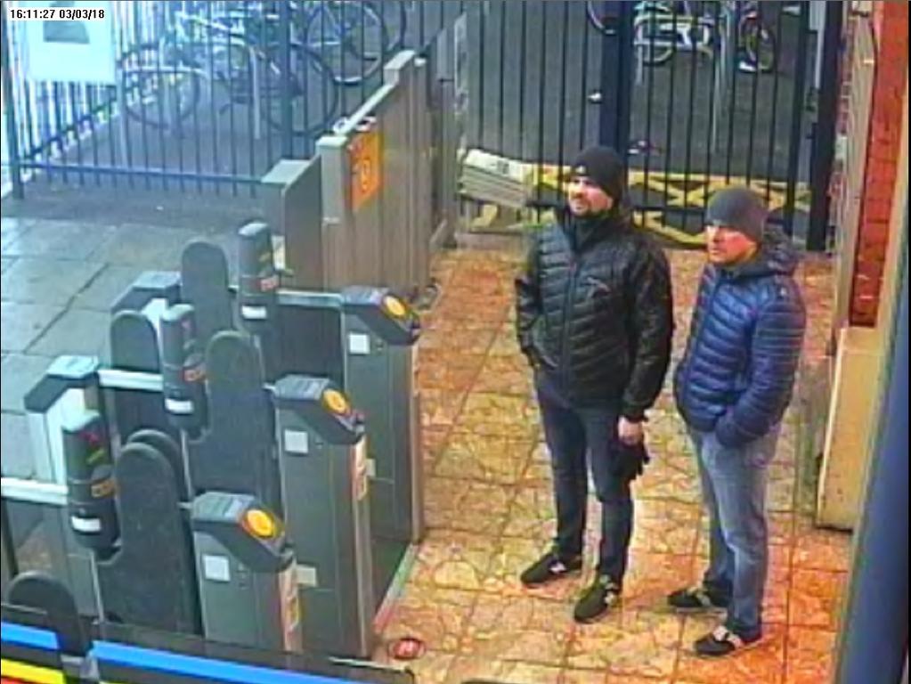 Novichok poisoning suspects Alexander Petrov and Ruslan Boshirov are shown on CCTV at Salisbury train station in March. Picture: Metropolitan Police via Getty Images