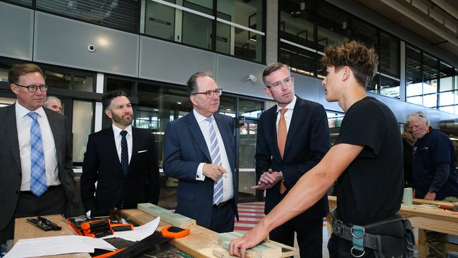 Former TAFE boss Steve Brady (left) with former Ryde MP Victor Dominello, former Skills Minister Alister Henskens, and former Premier Dominic Perrottet at TAFE Meadowbank in 2022. Picture: Gaye Gerard / NCA Newswire