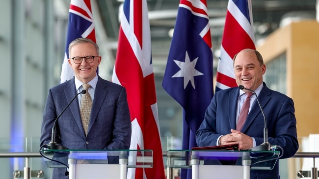 Prime Minister Anthony Albanese and British Defence Secretary Ben Wallace at the BAE facilities in Barrow-in-Furness. Picture: Andrew Parsons / The Australian Pool Image